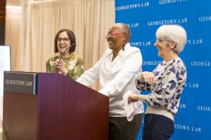 L-R: Lauren Dubin, Kim Kelly and Barbara Moulton, L’89, reunited to celebrate three decades since they co-founded Georgetown Law’s Office of Public Interest and Community Service (OPICS).