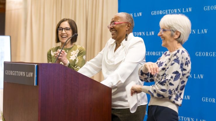 Lauren Dubin, Kim Kelly and Barbara Moulton, L’89, reunited to celebrate three decades since they co-founded Georgetown Law’s Office of Public Interest and Community Service (OPICS).