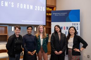 L-R: Johanna Mikes Shelton, B’92, L’96; Belinda Elvan Nixon, L’94; Miriam Vogel, L’01; Sophie Ceniza, L’25; and Emily Yu, F’01, reflected on balancing AI innovation with ethical safeguards during the “How to Responsibly Draft AI Policy” panel discussion. 