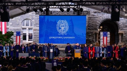 The stage at Georgetown Law's 2025 commencement ceremony