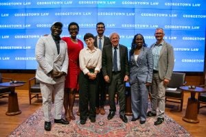 L-R: Jamelle Bouie, Prof. Michele Goodwin, Moira Donegan, Mark Joseph Stern, C’13, L’16, Erwin Chemerinsky, Sherilyn Ifill and Chris Geidner. Photo credit: Noah Friedman.