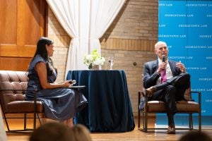 'The Georgetown Law Journal' Editor-in-Chief Amritha K. Ramalingam, F’23, L’26, left, with the Hon. James E. Boasberg, right. 