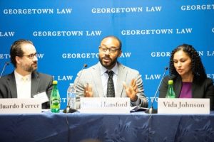 L-R: Prof. Eduardo Ferrer, Policy Director of the Georgetown Juvenile Justice Initiative, Prof. Justin Hansford, L’07, Executive Director of the Thurgood Marshall Civil Rights Center at Howard University Law School and Prof. Vida Johnson, who teaches in Georgetown Law’s Criminal Justice and Criminal Defense & Prison Advocacy Clinics, were among the panelists at the symposium.