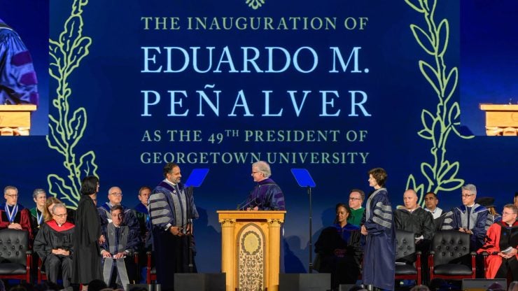 The stage at the ceremonial inauguration of Georgetown's new president, Eduardo Peñalver